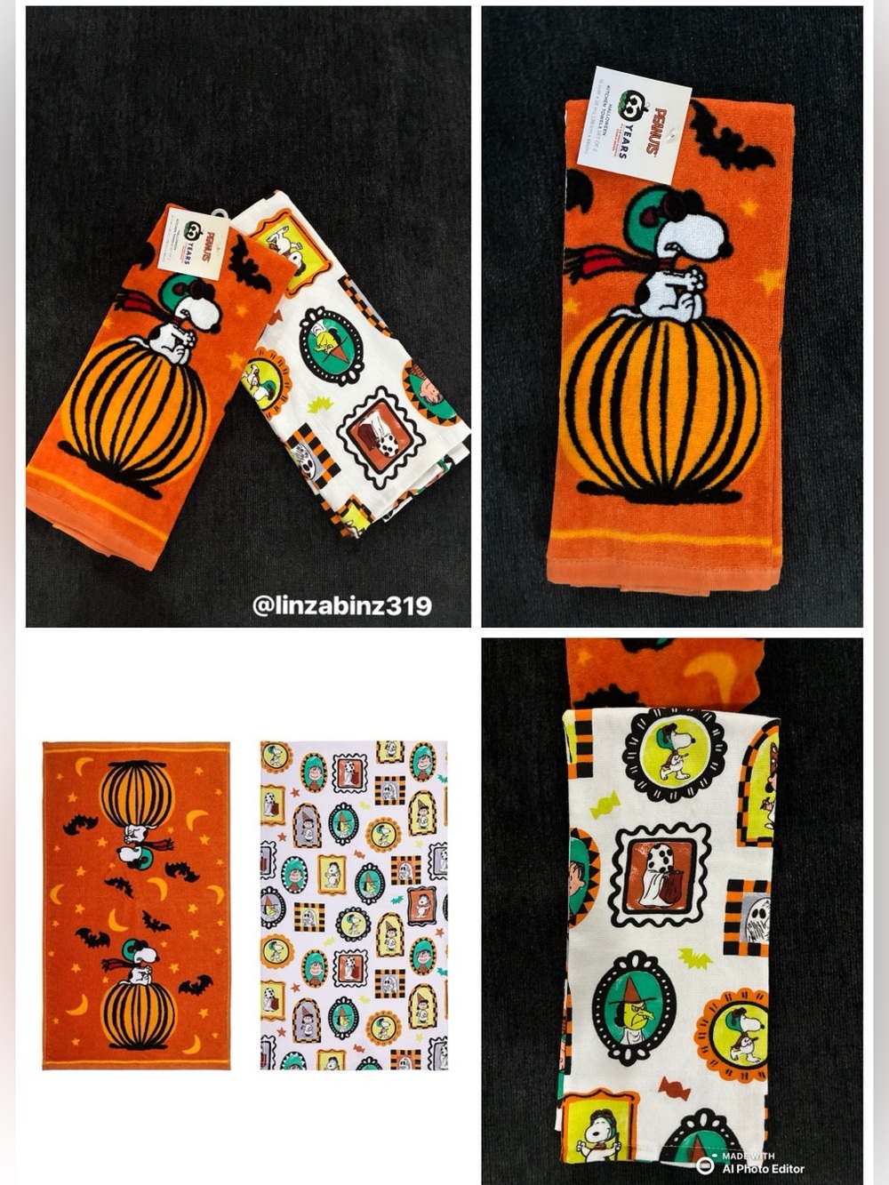 NWT- Peanuts- Snoopy & Friends Halloween Double Sided Kitchen Towels 26x15